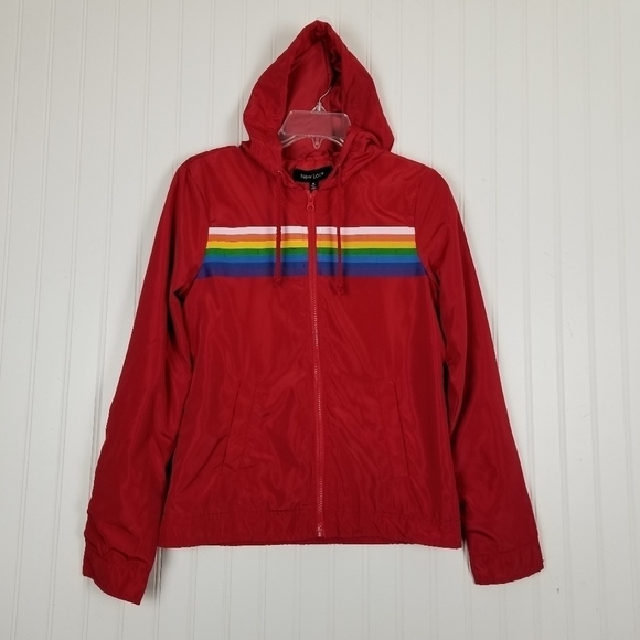 New Look Womens Red Rainbow Stripe Full Zip Jacket Hood Windbreaker Medium - Picture 6 of 12